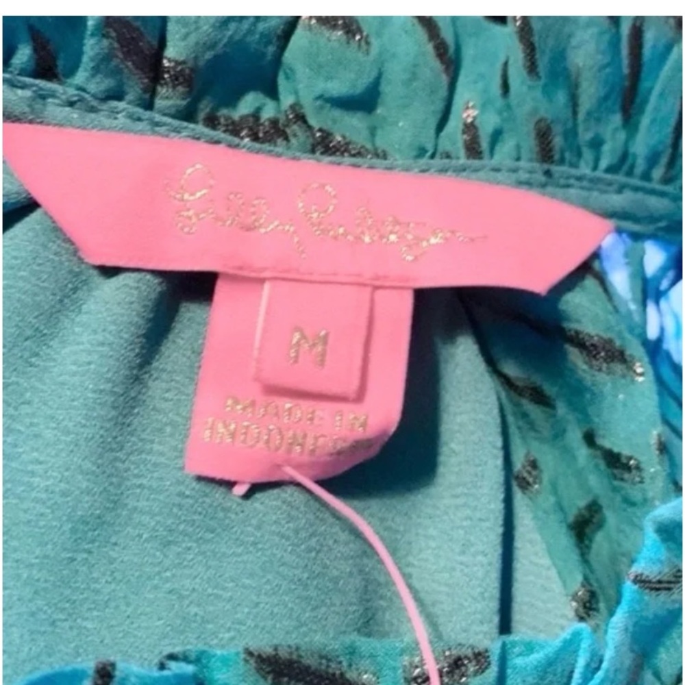 Lilly Pulitzer Caline Metallic Teal Bay Silk Swirl Clip Glitter Top - Picture 8 of 9